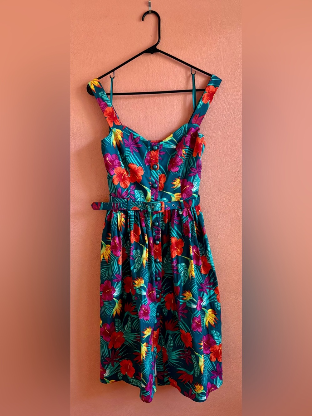Collectif Teal Tropical Floral Sundress with Red & Purple Accents
